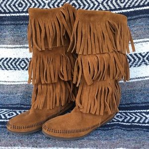 Minnetonka Tall Fringe Boot Moccasins